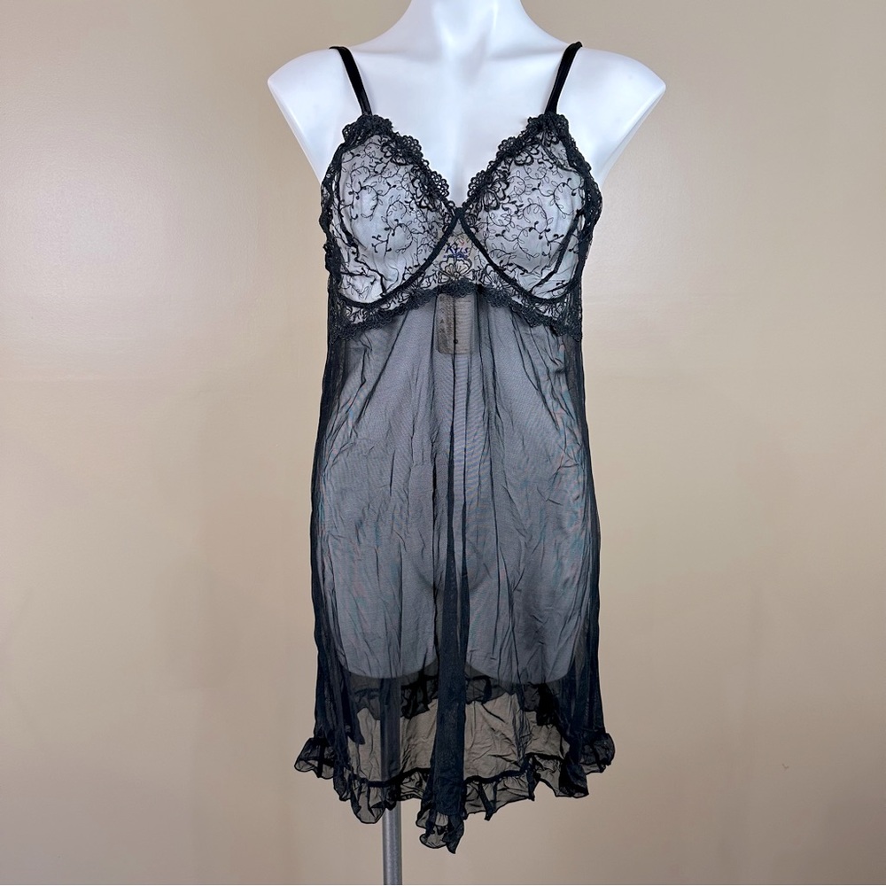 Krisline Black Stella Lace Mesh Sheer Nightgown Slip Chemise Lingerie XL New